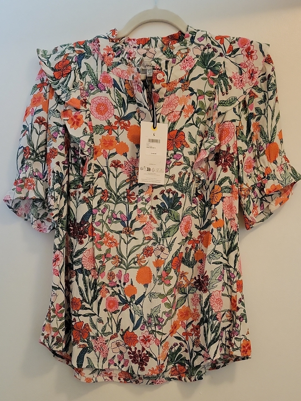 NWT Joules White, Orange, Pink & Green Floral Print Blouse, Half Button